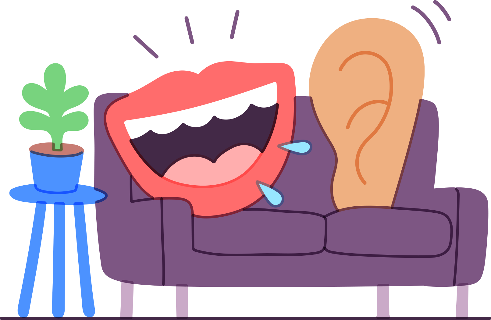 an open cartoonish mouth speaks to a listening ear on a plush therapist couch