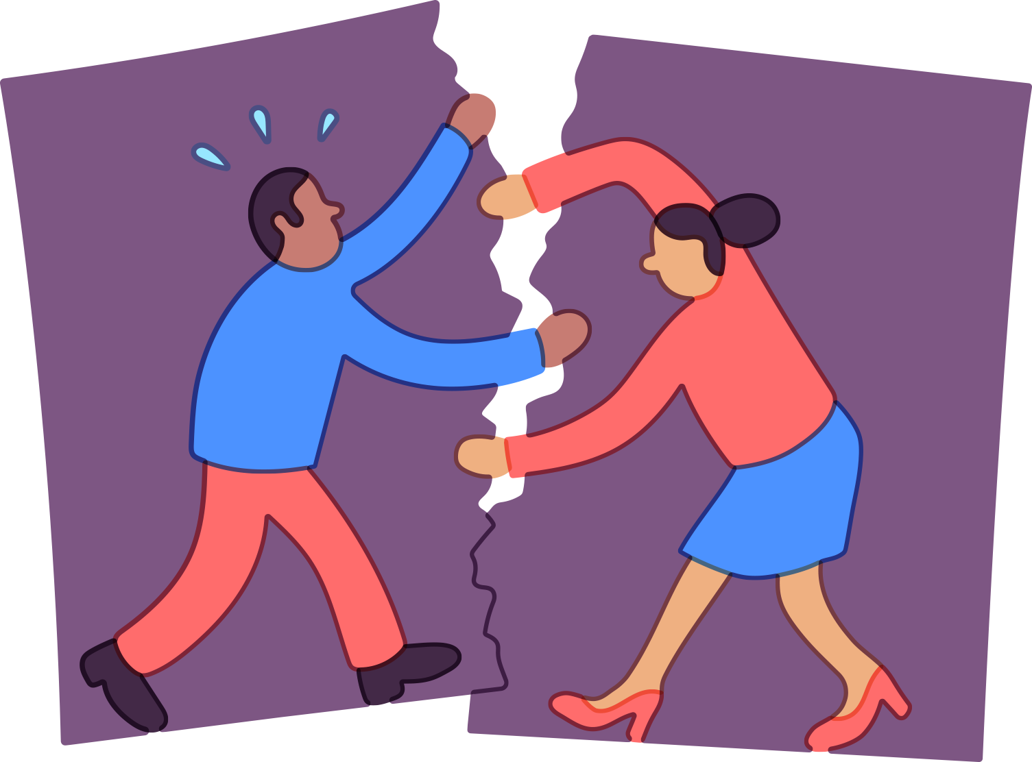 illustration of a couple in oposite colored clothes of blue and red pieces attempting to hold together a split purple and torn backdrop.