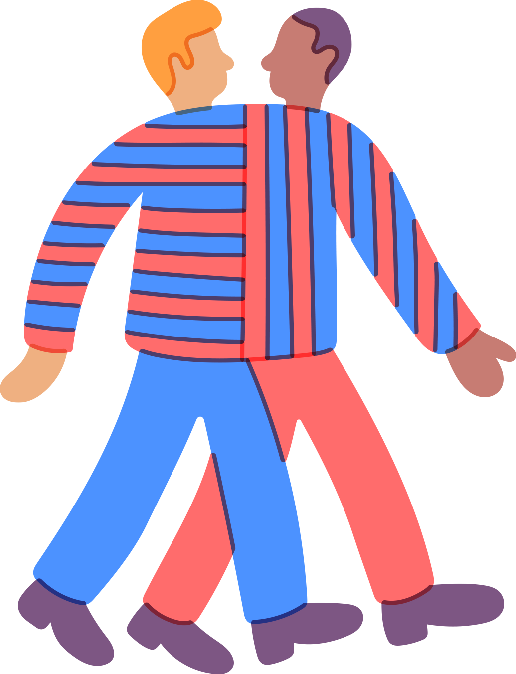 illustration of two individuals in blue and red outfits stitched together and walking in unison