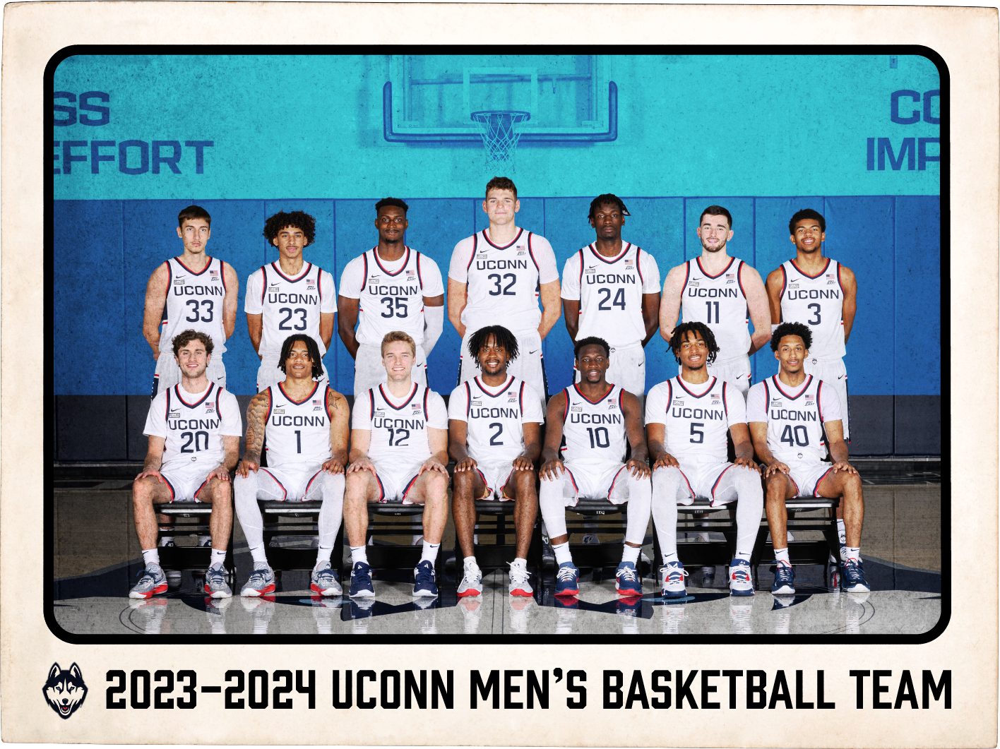 Vintage-style trading card showing a posed team picture of the 2023-2024 UConn Men’s Basketball Team in a gymnasium.