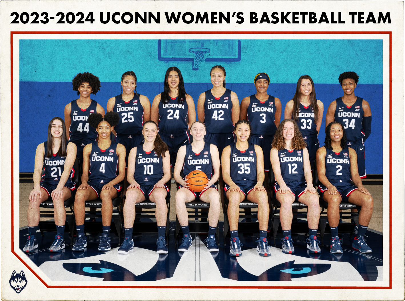 Vintage-style trading card showing a posed team picture of the 2023-2024 UConn women’s Basketball Team in a gymnasium.