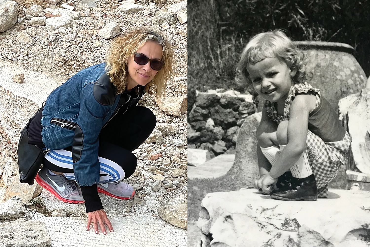 Tiziana Matarazzo as a child and adult standing on ancient roman grounds