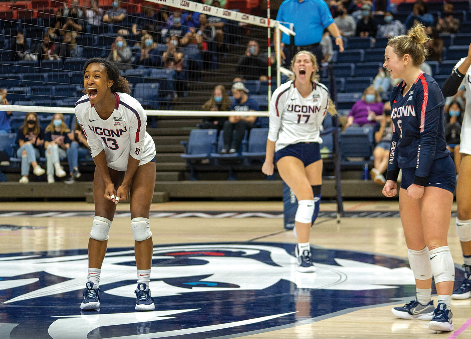 Taylor Pannell celebrates with teammates while playing in the National Invitational Volleyball Championship in the rounds we hosted at Gampel.