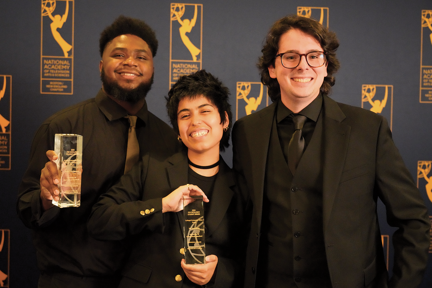 Jayvell Gray '23 (SFA), Agustina Aranda '23 (SFA), and Christopher Orrico '23 (SFA) at the 47th Boston/New England Emmy® Awards Gala.