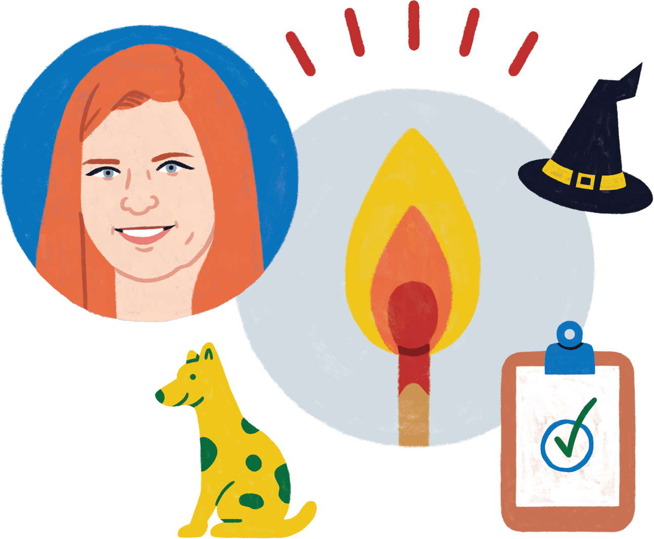 Illustration of Samantha Ceravolo surrounded by icons of a witch hat, clipboard, dog, and lit match