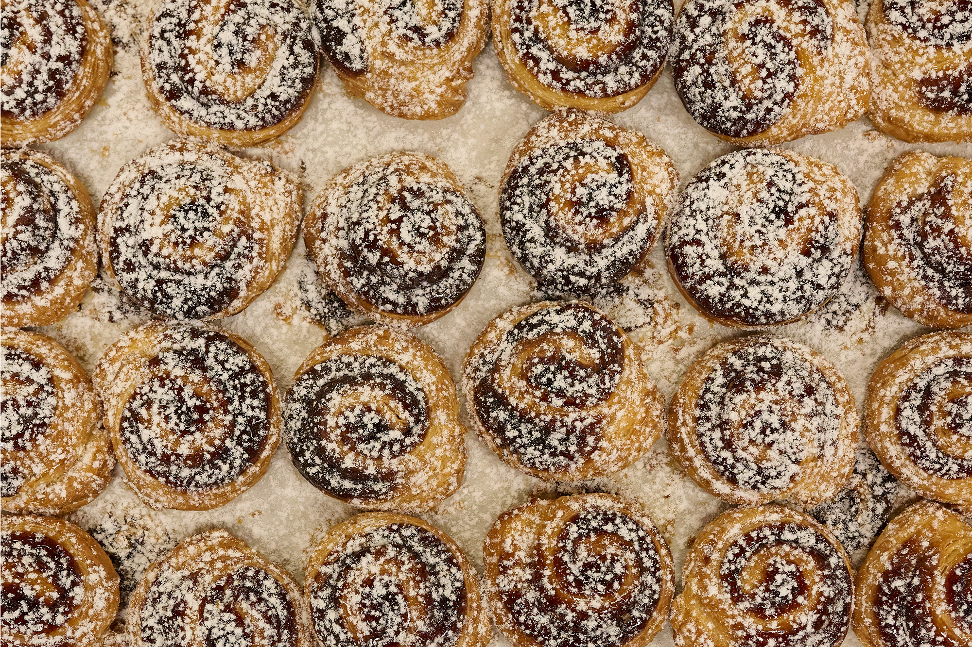 Pan of freshly baked cinnamon rolls, dusted with powdered sugar.