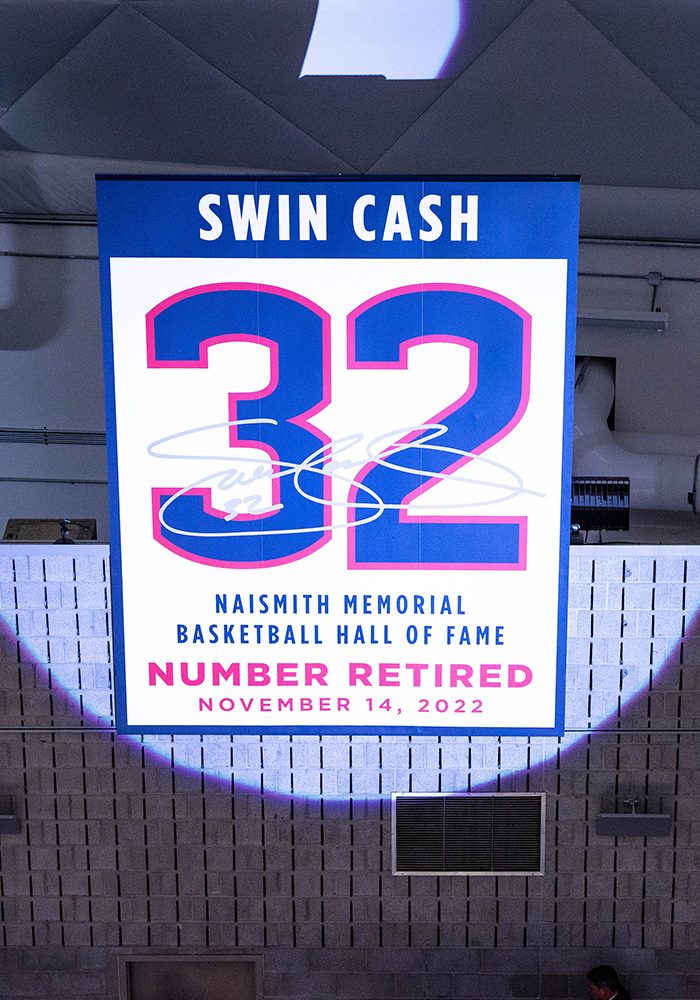 Swin Cash’s 32 now hangs in the Gampel rafters alongside Rebecca Lobo’s 50 and Ray Allen’s 34.