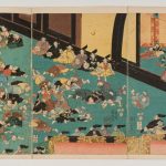 Painting of Japanese men on floor in front of Emperor