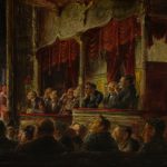 Oil painting of men in theatre at burlesque