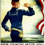 Poster of American soldier with trumpet and flag