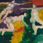 Oil painting of bodies of three woman yellow and green and blue background