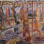 Watercolor painting of slaughtered animals hanging by legs