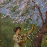 Painting of woman at cherry blossom tree