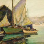 Oil painting of boat at a dock