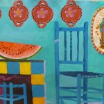 Acrylic painting of blue kitchen with watermelon