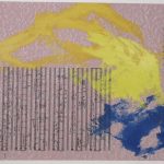 Image of blue and yellow paint over pink music sheet and poem