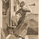 Engraving of woman with horn outside of home with cat