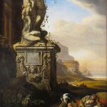 Painting of youth sleeping next to statue in Italian landscape