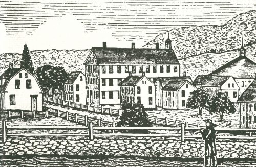 Black and white print image of a farming town and a man with a napsack