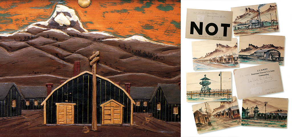 Painting of Japanese internment camps and images of postcards depicting internment camps from J.L. DeWitt