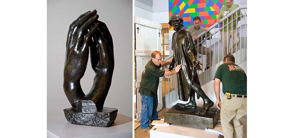 Steven Kern, center, director of the Benton Museum, center, and Thomas Bruhn, curator, upper right, look on as workers from Mariano Brothers of Bethel move a statue by Rodin into place at the Benton Museum.