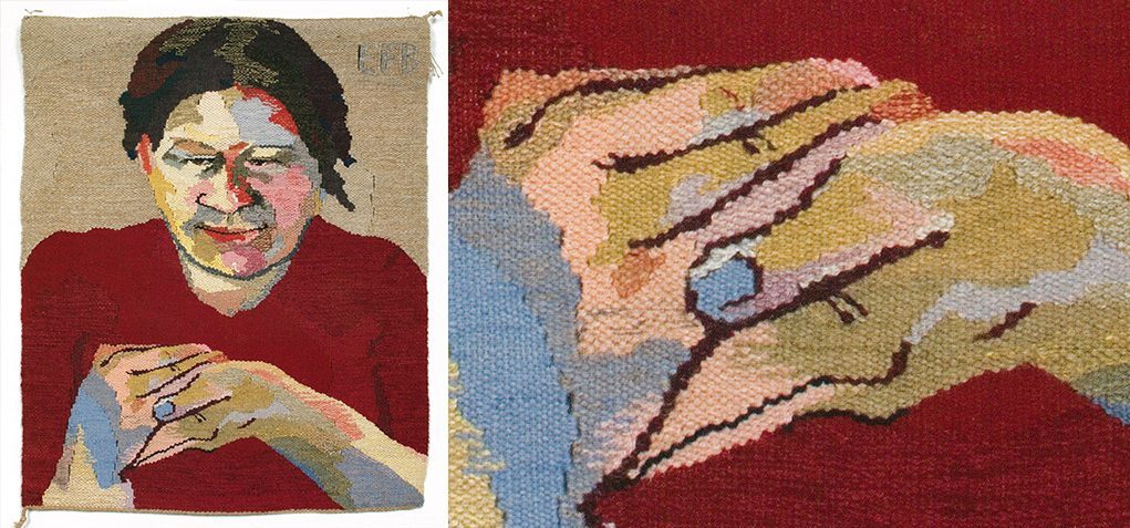 Image of a crocheted print of a woman in a red shirt