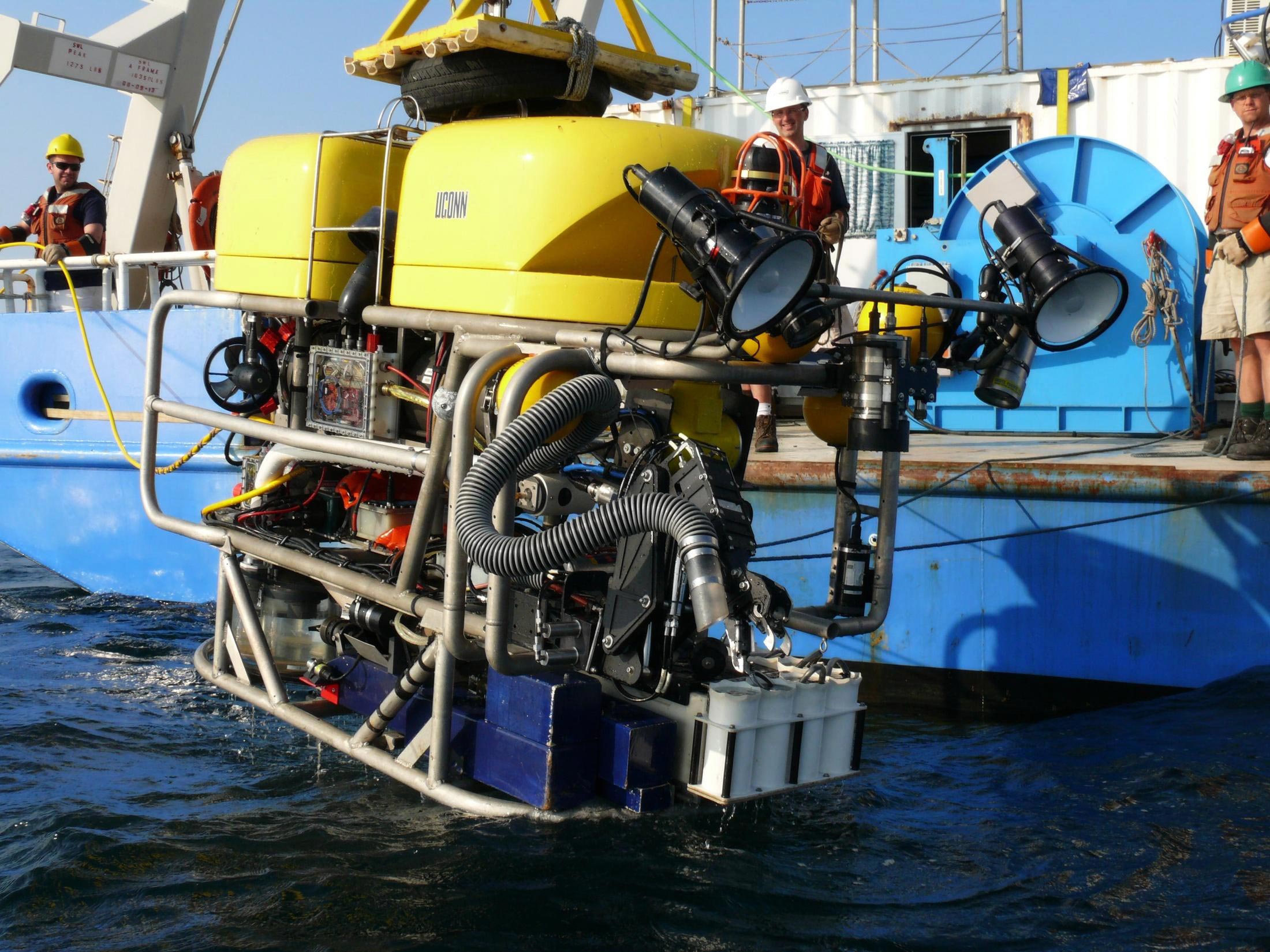 The Kraken 2 ROV leaves the ROV Connecticut research vessel and readies for a dive. (Photo courtesy of Peter Auster)