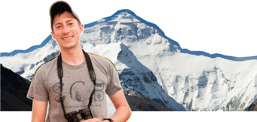 Photo illustration of Morgan Tingley in front of mountain