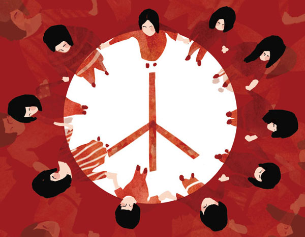 Illustrated peace sign with people on the edges holding hands