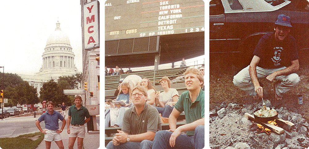 Andy Young '80 (CLAS) remembers his pal Jeff Huot '81 (BUS) - photos in front of the Wisconsin State capitol, at a cookout and in Wrigley Feild (Chicago) 1982