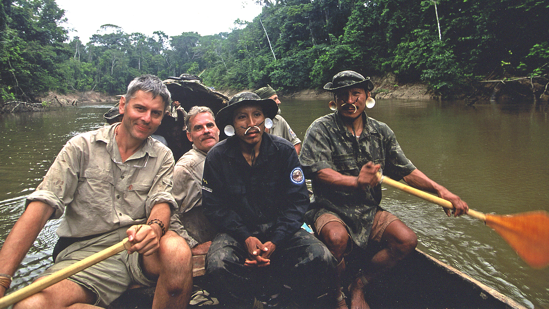 Nicolas Reynard, Scott Wallace, and Matis indigenous scouts, Javari Valley Indigenous Territory, Brazil 2002.