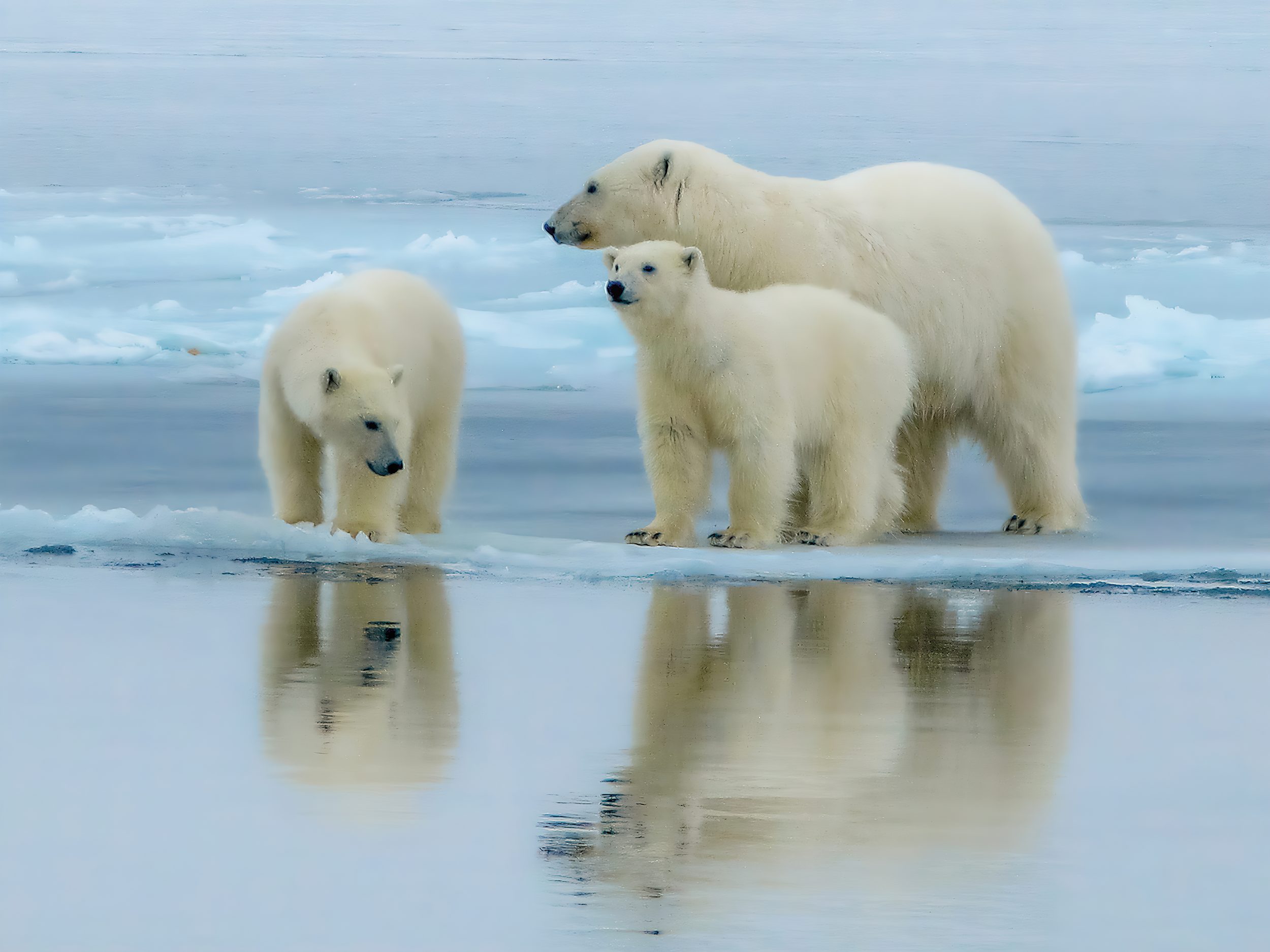 A polar bear and her two cubs walking along a partially frozen fjord in Scoresby Sund, East Greenland.