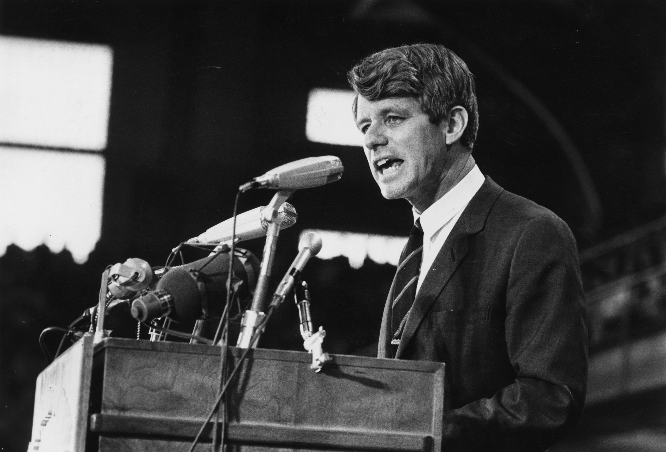 1968: Senator Robert Kennedy speaking at an election rally. (Photo by Harry Benson/Express/Getty Images)