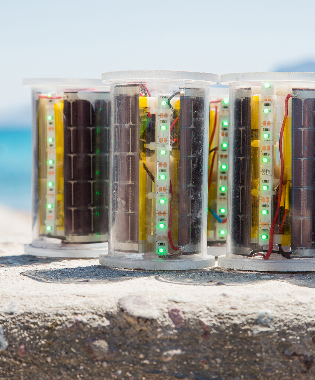 Close-up of solar-powered lights designed for fishing nets in El Pardito, Baja California, Mexico.