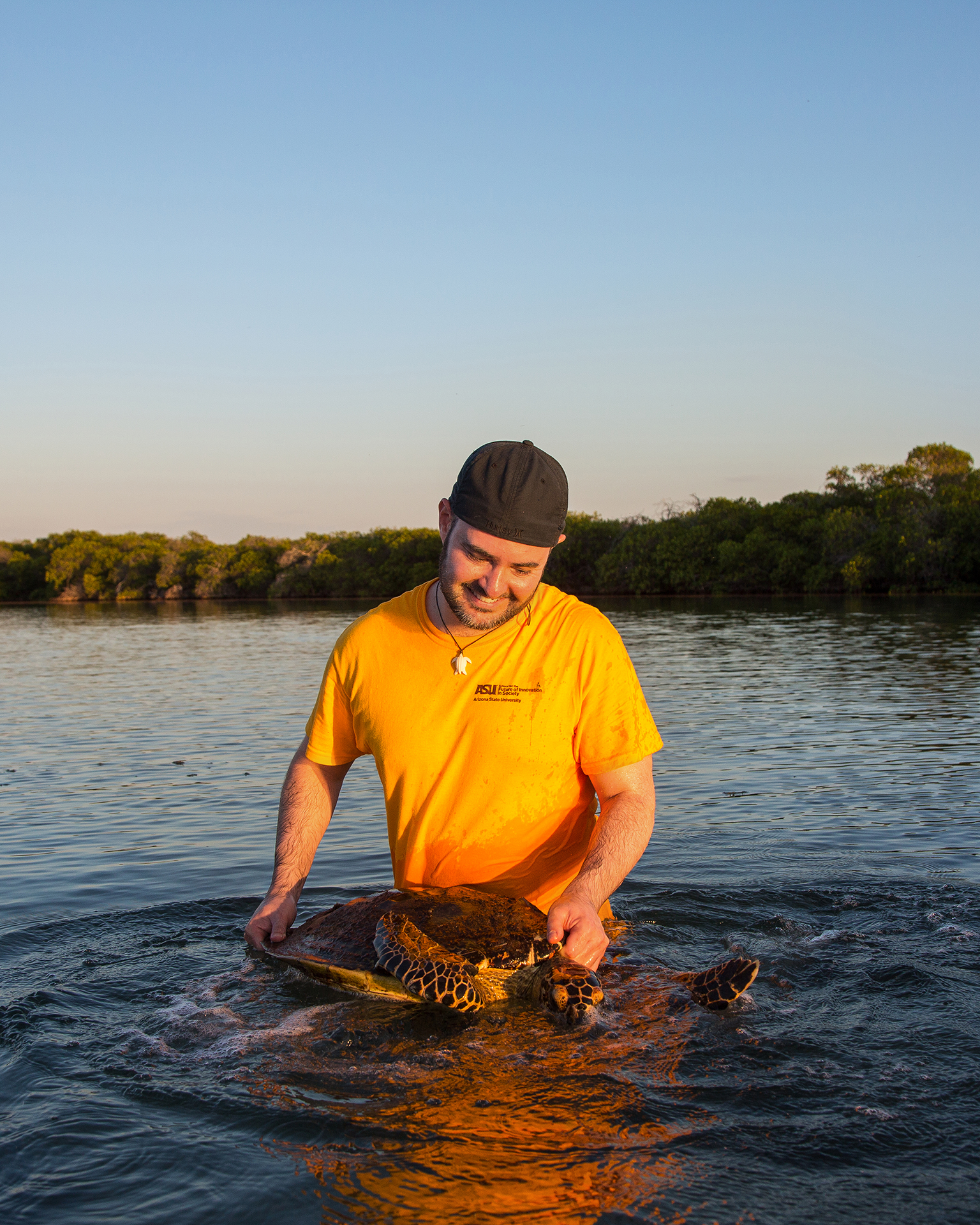 Jesse Senko releasing a hawksbill turtle at the Sea of Cortez, Baja California, Mexico