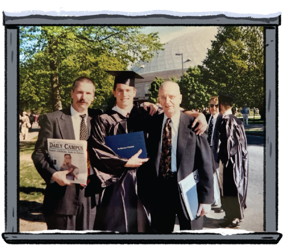 Antonucci at Graduation, with his Father (left) and late Grandfather proudly holding copies of The Daily Campus