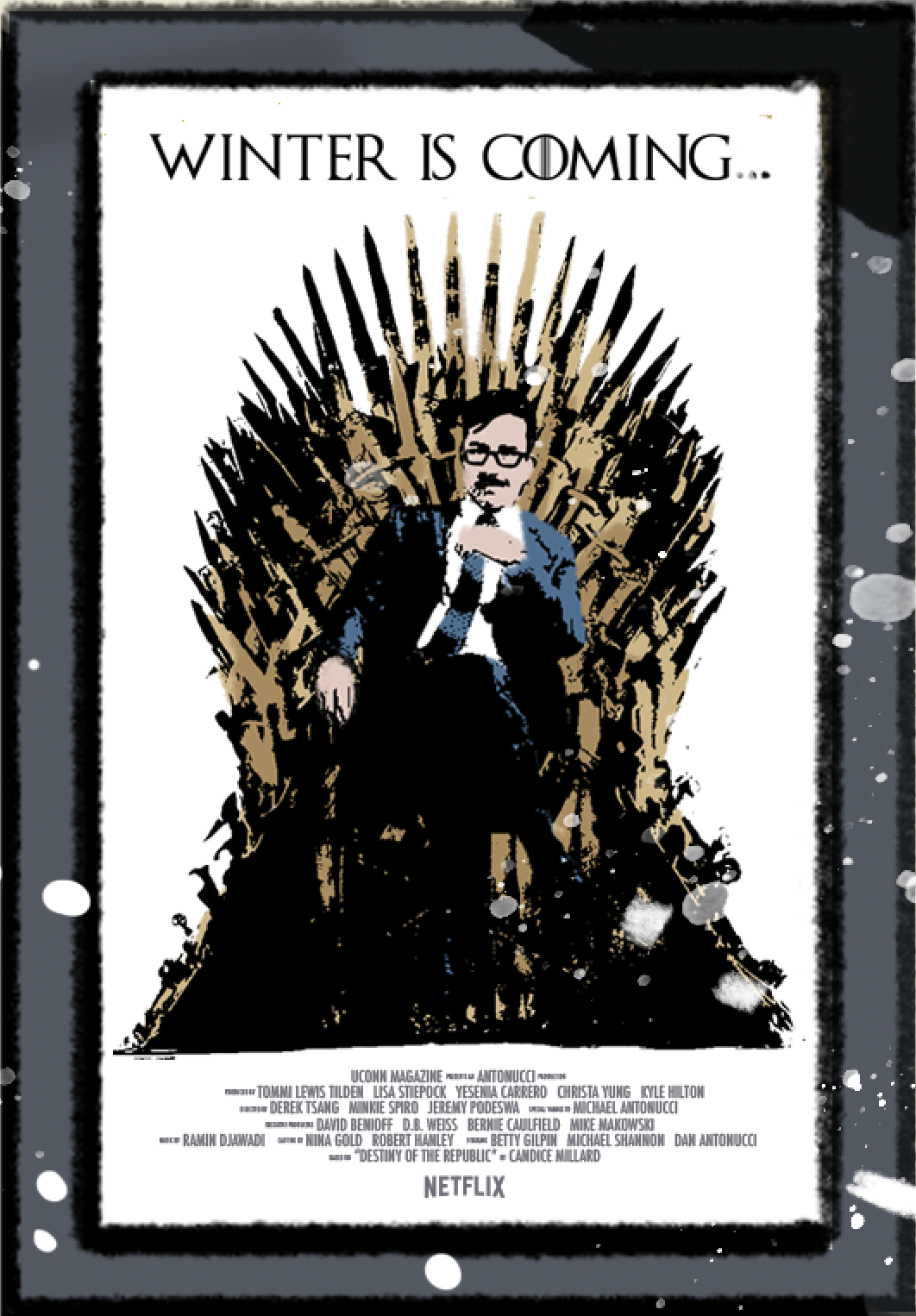 winteriscomingposter Spoof cinema poster featuring Ethan sitting on the iconic 'Game of Thrones', sword-ridden throne