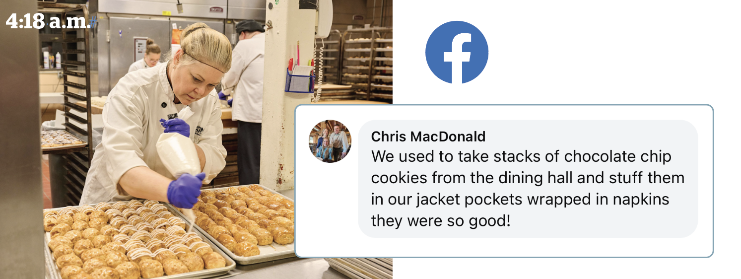 a facebook post by Chris MacDonald overtop the related UConn Magazine photo. It states, 'We used to take stacks of chocolate chip cookies from the dining hall and stuff them in our jacket pockets wrapped in napkins they were so good!'