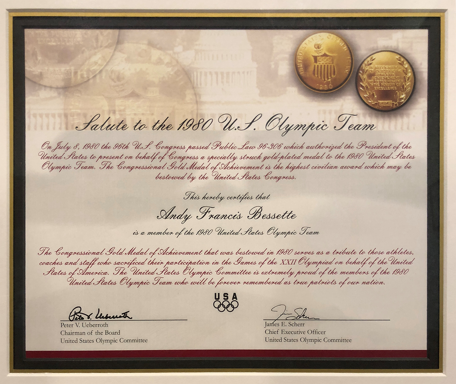 AndyBessette_CongressionalMedal Andy Bessette's Congressional Medal certifying him as a members of the 1980 Unites States Olympic Team