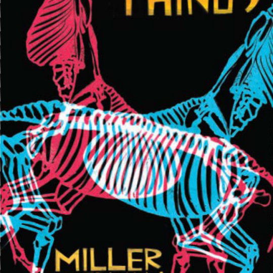 Book titled “Impossible Things” by Miller Oberman. Black background with orange lettering and a red, blue and white overlapping skeleton.