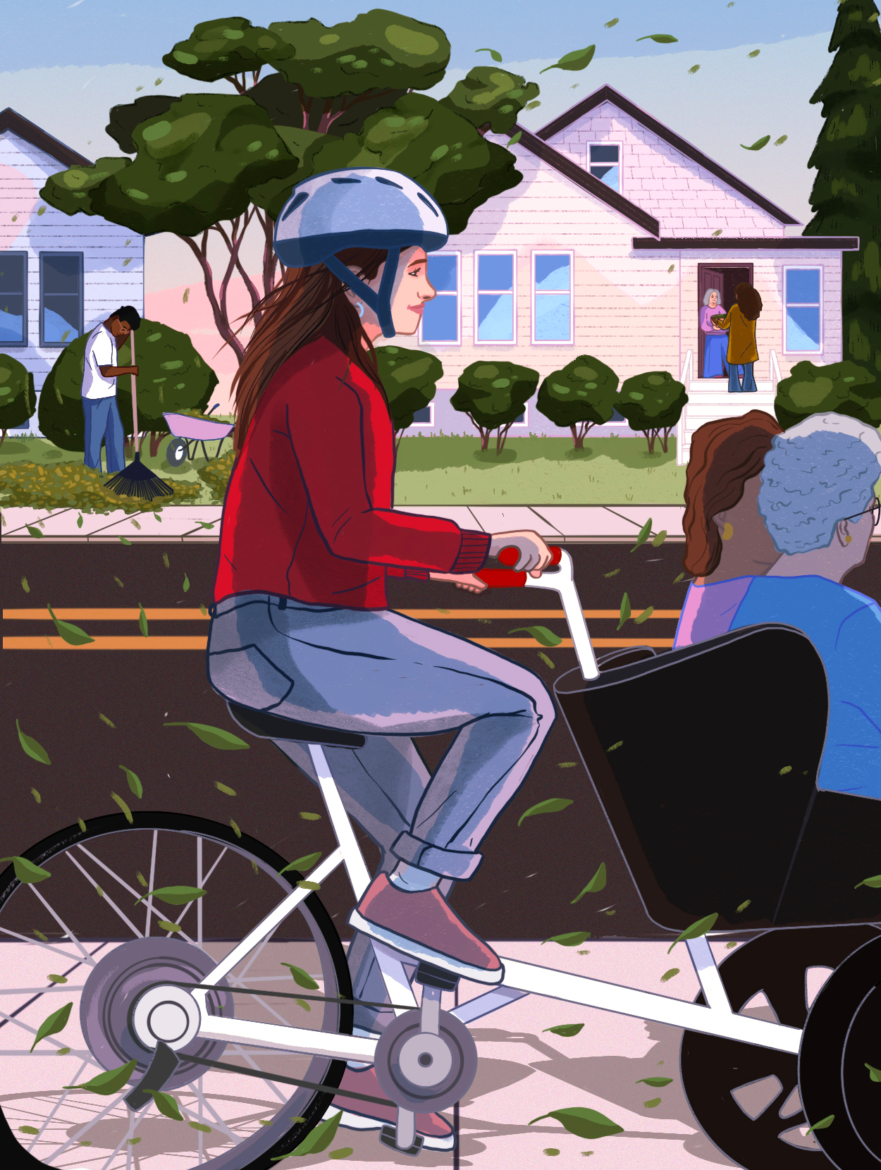 goodneighbor_cover illustration of neighbors doing kind things for another in a suburban area.