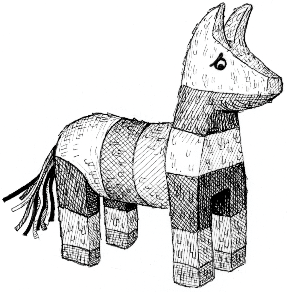 100 Pinata A pen-and-ink illustration of a traditional burro or donkey pinata