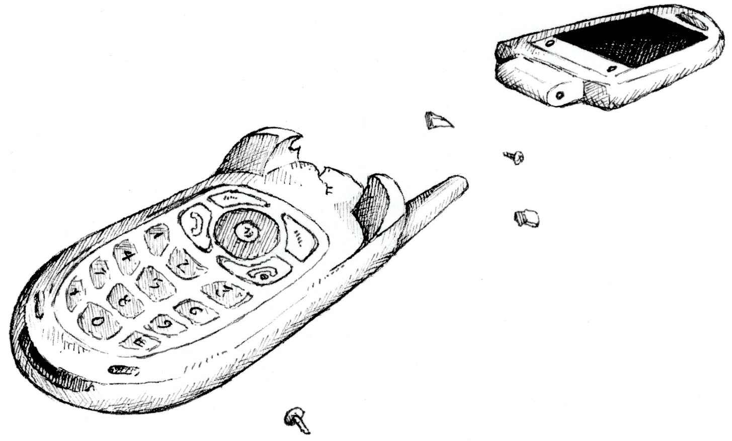 29 BrokenPhone a pen-and-ink illustration of a broken flip phone