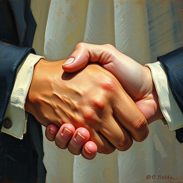 An AI-generated image of a handshake between two white males with blue suit jackets and white shirtsleeves visible