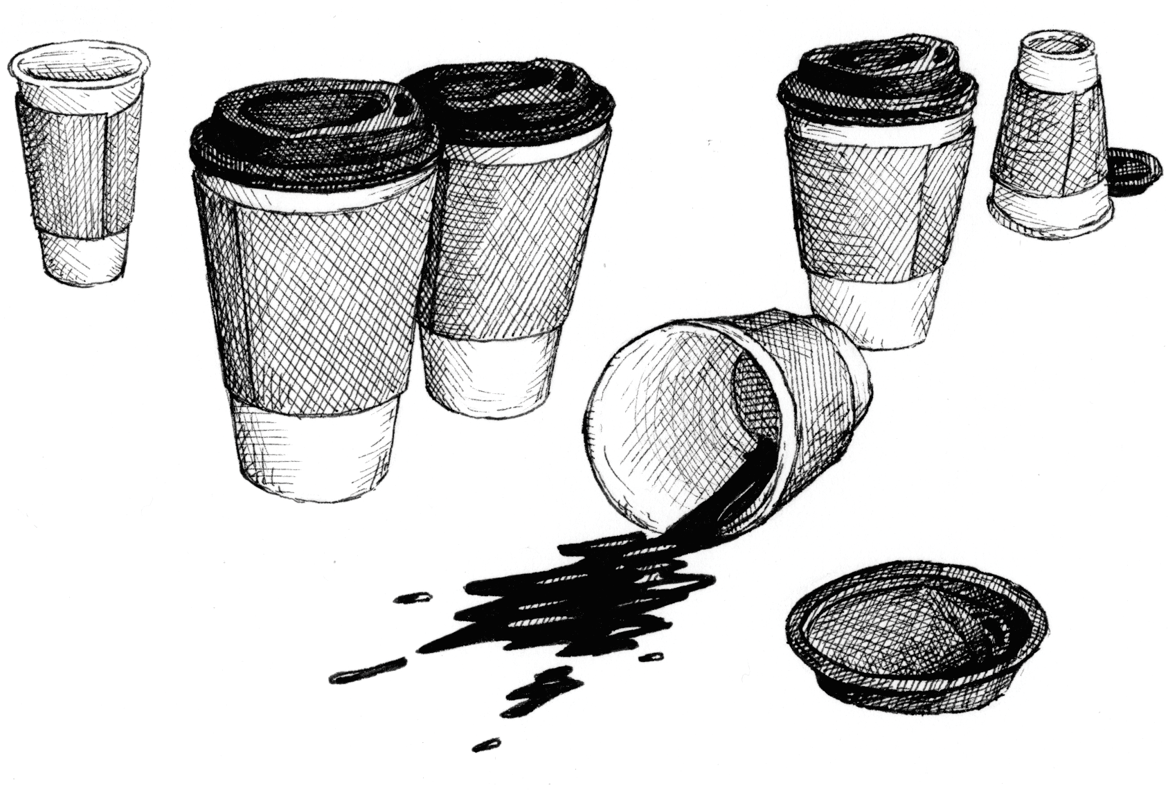 99 CoffeeCups A pen-and-ink illustration of 5 paper coffee cups with one knocked over with the coffee spilling out in the foreground