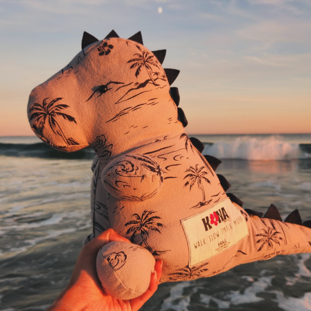 A hand holds a plush dinosaur made of flannel in a palm tree print and a label that says “Kona – Walk Slow. Smile More.” in front of the ocean
