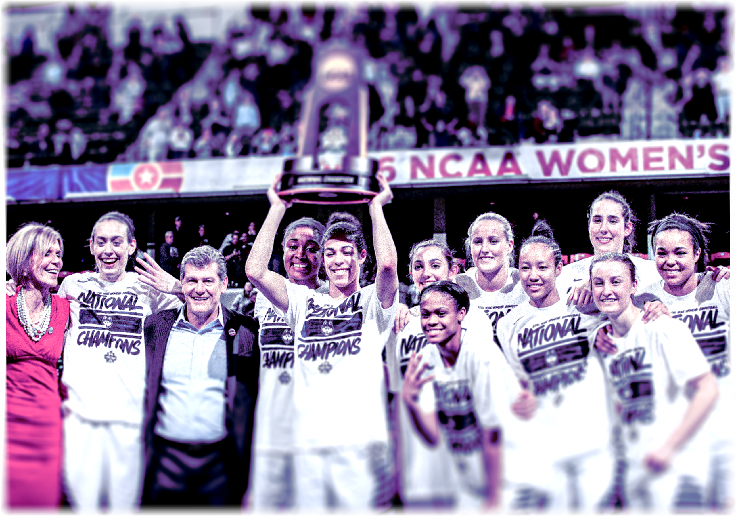 INDIANAPOLIS, IN - APRIL 05: The Connecticut Huskies celebrate with the trophy after their 82-51 victory over the Syracuse Orange to win the championship game of the 2016 NCAA Women's Final Four Basketball Championship at Bankers Life Fieldhouse on April 5, 2016 in Indianapolis, Indiana. Connecticut won 82-51.
