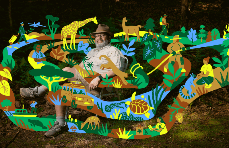 Morty Ortega surrounded by illustrations of various safari animals
