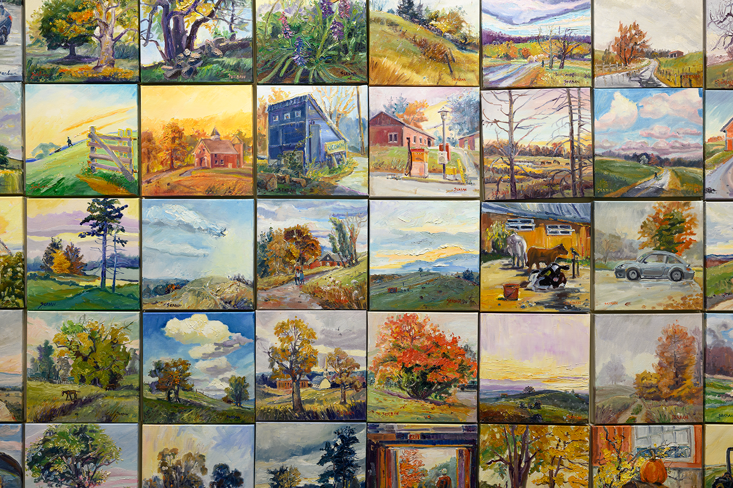 A grid of paintings of different Horsebarn Hill scenes painted by local Mansfield artist Blanche Serban
