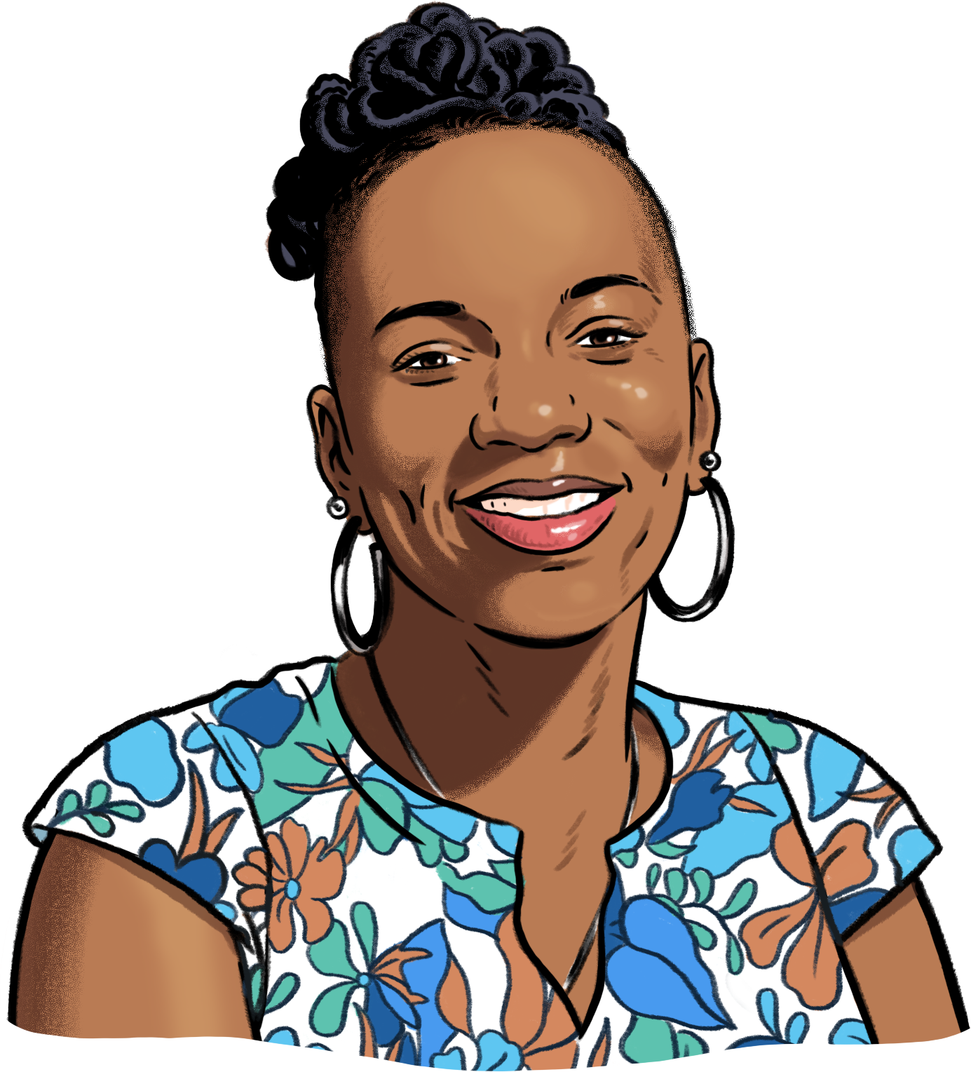 An illustration of Trisha Hawthorne-Noble wearing a floral-patterned shirt and hoop earrings
